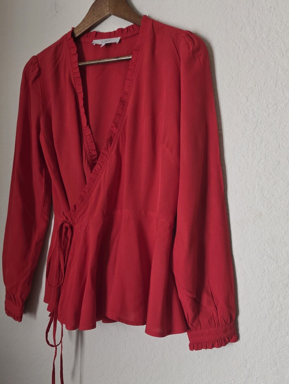 Loft Wrap Front Blouse Womens Size XS Red Ruffle Neck Cottagecore Whimsigoth - Picture 8 of 8
